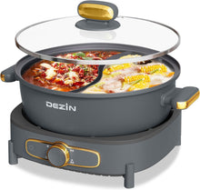 Load image into Gallery viewer, Dezin Hot Pot Electric with Divider, 6L Double-Flavor Shabu Shabu Pot, Dual Sided Removable Non-Stick Hotpot Pot Electric, 3" Depth Chinese Hot Pot with Multi-Power Control, 2 Silicone Ladles Included