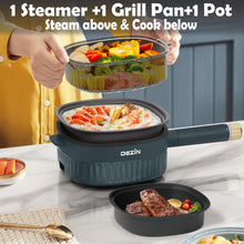 Load image into Gallery viewer, DEZIN 3L electric hot pot, non-stick pan, 2L baking pan and 2.5L steamer, 3-in-1 rice cooker, double power 1000W fast cooker