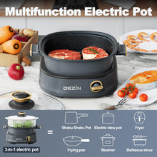 Load image into Gallery viewer, Dezin Electric Shabu Shabu Pot with Removable Pot, 3L Non-Stick Hot Pot Electric with Steamer and Grill Pan, 3-in-1 Electric Pot with Dual-Power Control for Party, Family and Friend Gathering