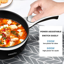 Load image into Gallery viewer, DEZIN Hot Pot Electric Upgraded, Non-Stick Sauté Pan, Rapid Noodles Electric Pot, 1.5L Mini Portable Hot Pot for Steak, Egg, Fried Rice, Ramen, Oatmeal, Soup with Power Adjustment(Egg Rack Included)