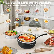 Load image into Gallery viewer, DEZIN Hot Pot Electric Upgraded, Non-Stick Sauté Pan, Rapid Noodles Electric Pot, 1.5L Mini Portable Hot Pot for Steak, Egg, Fried Rice, Ramen, Oatmeal, Soup with Power Adjustment(Egg Rack Included)