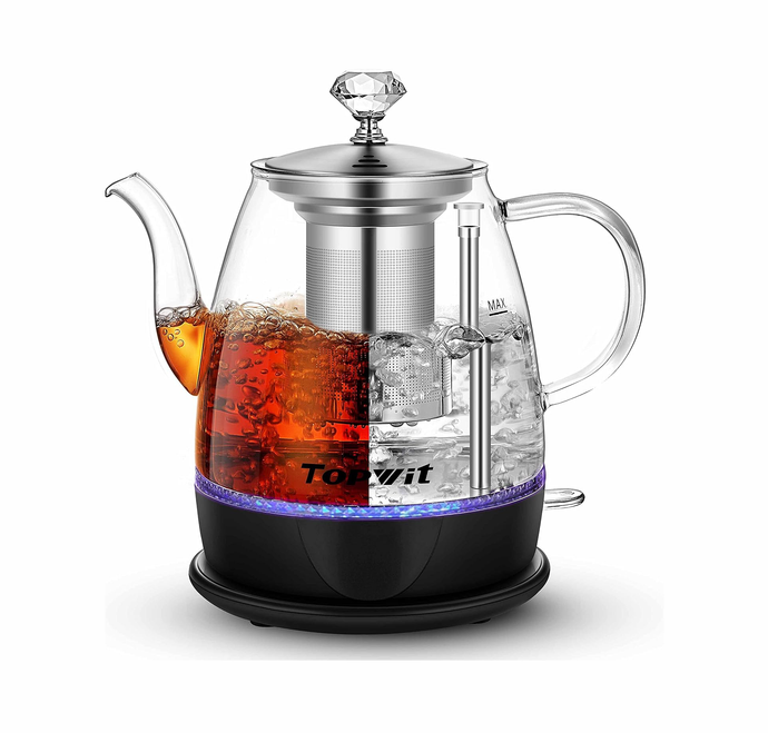 Topwit Electric Kettle Glass, For Hot Water, Tea and Coffee Dual Purpose Design, BPA-Free, 1L Pour Over Removable Stainless Steel Infuser, Auto-shut Off & Boil-dry Protect