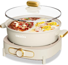 Load image into Gallery viewer, Dezin Hot Pot Electric with Divider, 6L Double-Flavor Shabu Shabu Pot, Dual Sided Removable Non-Stick Hotpot Pot Electric, 3" Depth Chinese Hot Pot with Multi-Power Control, 2 Silicone Ladles Included
