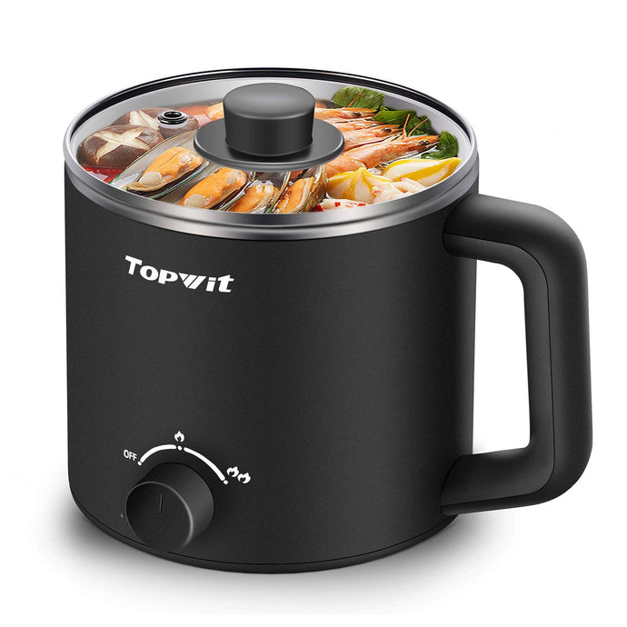 Topwit Hot Pot Electric, Electric Pot, 1.6L Ramen Cooker, Multifunctional Electric Cooker for Pasta, Shabu-Shabu, Oatmeal, Soup and Egg with Over-Heating Protection, Boil Dry Protection, Black