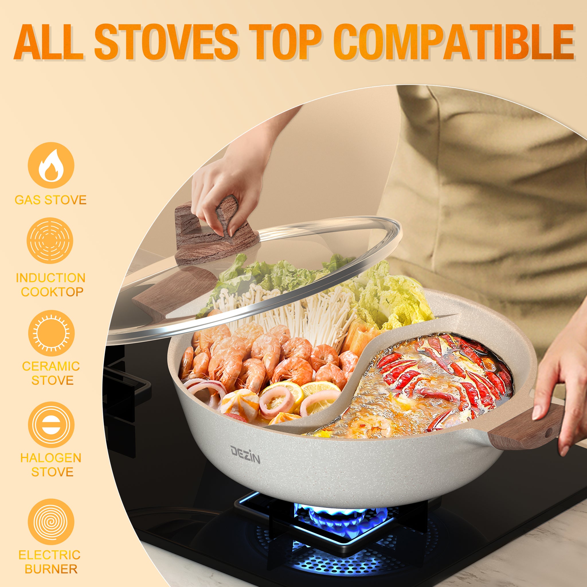 Hot Pot with Divider, Shabu Shabu Hot Pots Food Grade Stainless Steel  Chinese Dual Sided Pot Set for Induction Cooktop Gas Stove