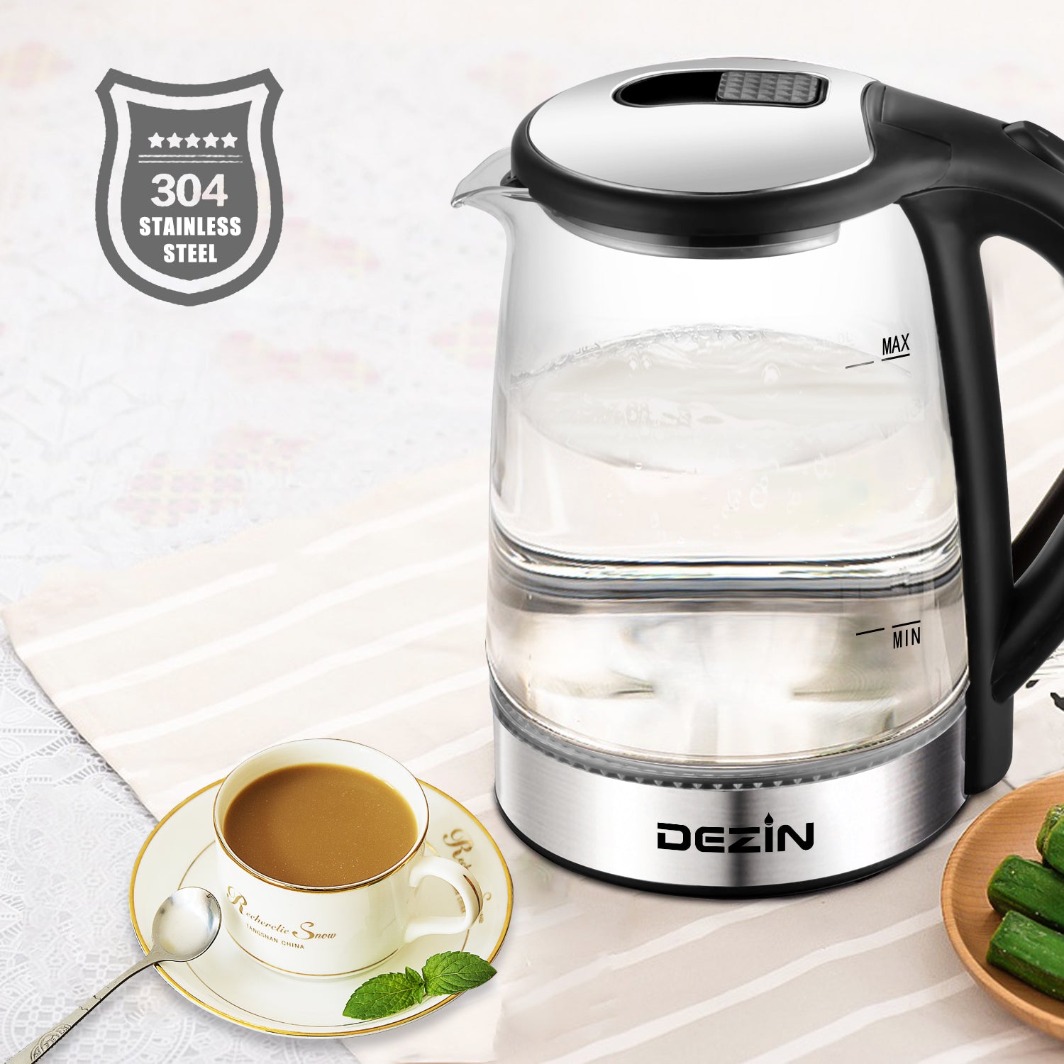 Dezin Electric Glass Kettle, 1.8L, Equipped  With Blue LED Indicator